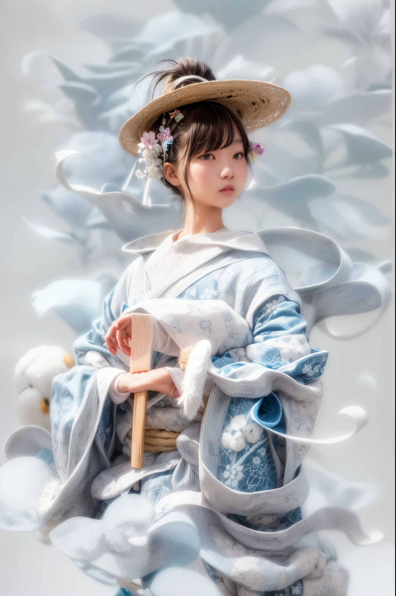 A -yeld Jaese girl wearing a yukata、On a cream background、Sky blue yukata、A yukata with a white rabbit pattern、Black hair style、The shape of Chinese characters

