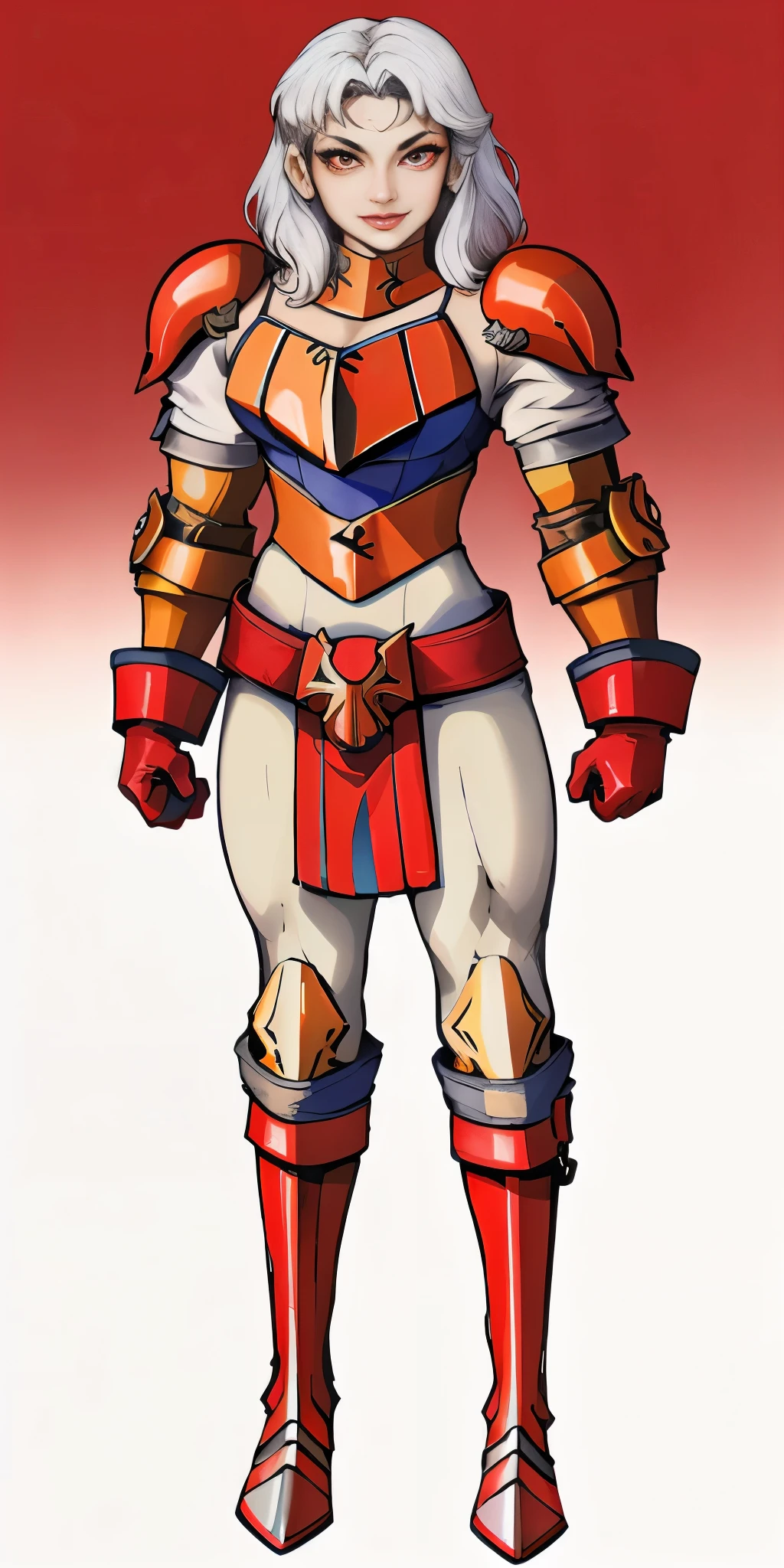 (masterpiece, best quality, 4k, 1girlsolo, 1MILF, mmplatz, smile, red cheeks, plain background:1.2) perfect face, perfect lighting, mature whsororitas with gloves red gauntlets in her hands like Cammy White from Street Fighter, bob white hair, warhammer 40k power armor suit with loincloth, red eyes like rubies, full body RED armor, view from below, looking to the viewer, arms to the sides empty hands, RED military boots, silver skull ornament attached to crossing 2 belt wide hips, 2 long legs