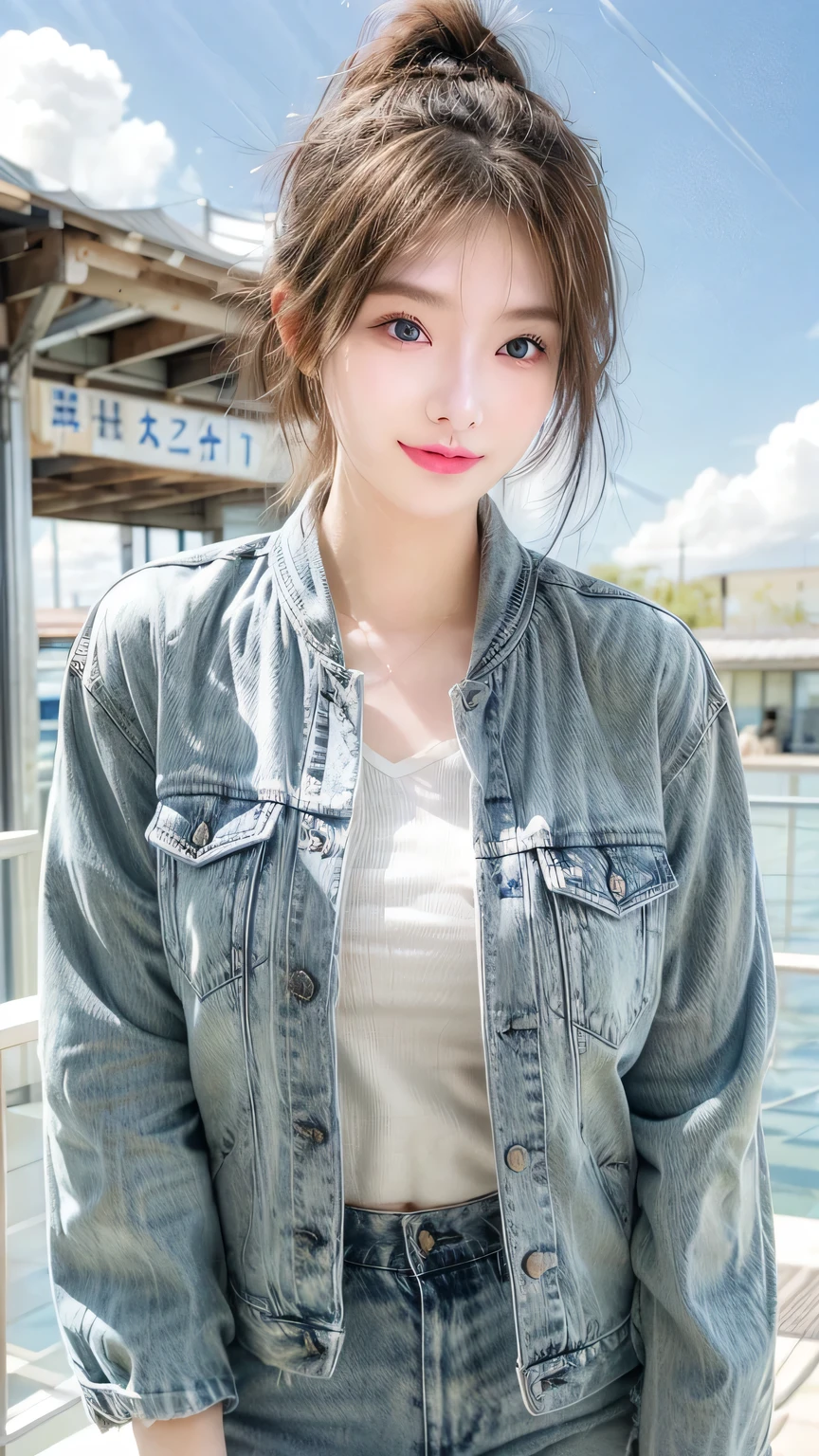 1 Girl, Solitary, beautiful girl 18, Blonde hair, blue eyes, short hair, jewelry, earrings, Smile, jacket, look to the side, denim, denim jacket, Upper Body, underwear, Shut up, cloud, Sky, sky, Look away, blue Sky, collarb,