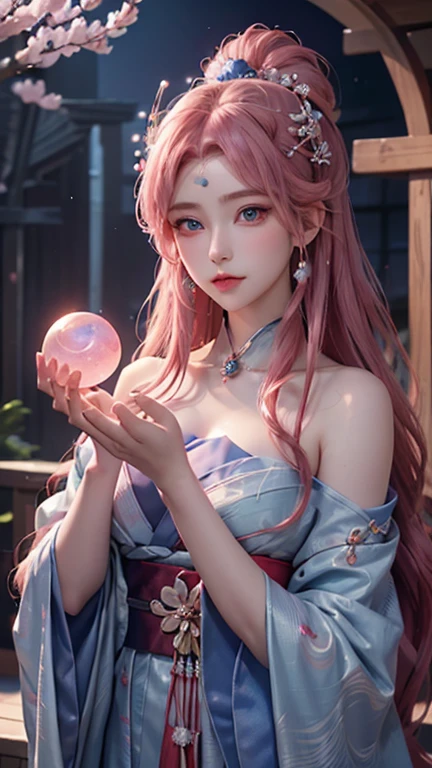 
(Holding a glowing blue crystal ball in each hand)),positive,Front configuration,Upper Body,((Observe the audience)),Gorgeous red kimono,Cherry Blossom Hair Accessories,length, Red Hair,Moon Hair Accessories,Beautiful and delicate face,blush,Sky blue eyes,Big eyes,Extremely fine resolution,highest quality,(Pink Moon),Mysterious,Halo