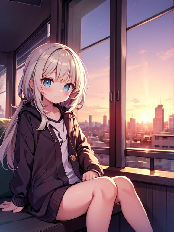 Oh, sweet sweet anc cute cute cute !!! a girl sitting on a hill watches the sunset over the city.