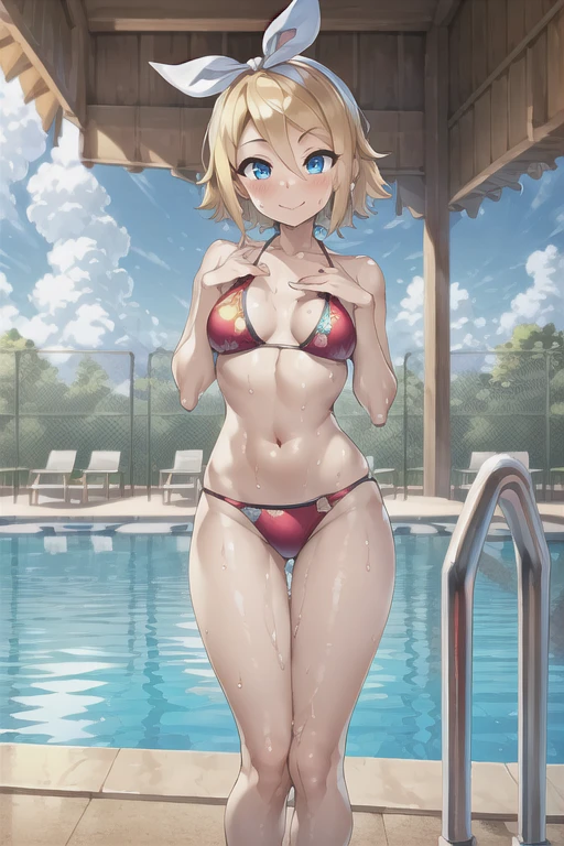 (((masterpiece))), ((highest quality)), ((Very detailed)), ((High resolution)), ((8k)), ((Anatomically correct)), ((The correct number of fingers)), One Woman, Kagamine Rin, Vocaloid, Blonde Hair, short hair, (White ribbon on head), Short, Very cute woman, delicate, Charming smile, Blue eyes, Bright Eyes, Best moment, Vivid eyes, Beautiful Skin, Cute face, delicateな腕, Detailed skin texture, Intricate details, Very detailedな顔, Beautiful Eyes, Beautiful curves, View your viewers, Beautiful thighs, Ruffled bikini, Pool, Sweat, Model standing, upright, Beautiful standing posture,