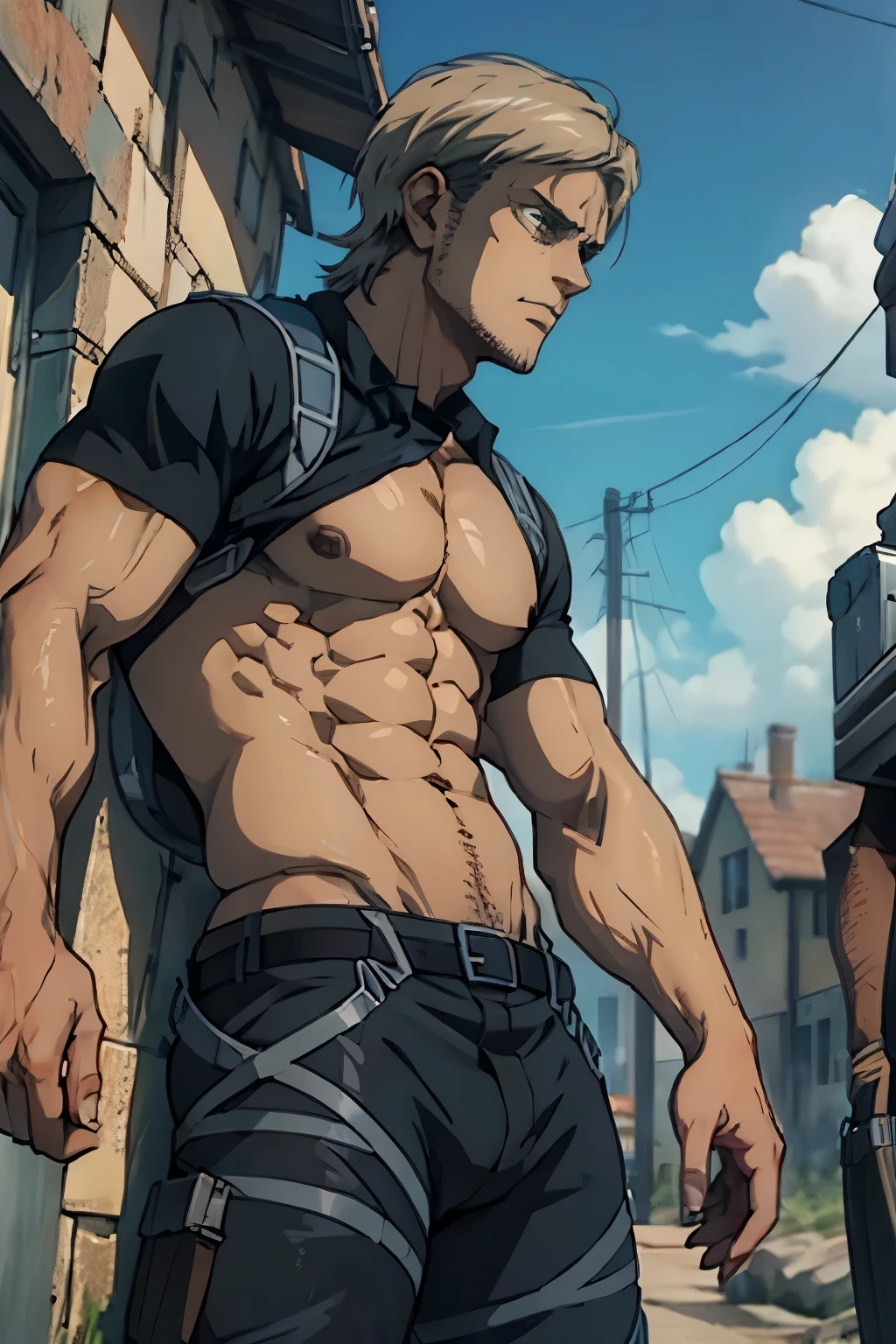 Jean Kirschstein from Attack on Titan is showing his abs in a black tshirt