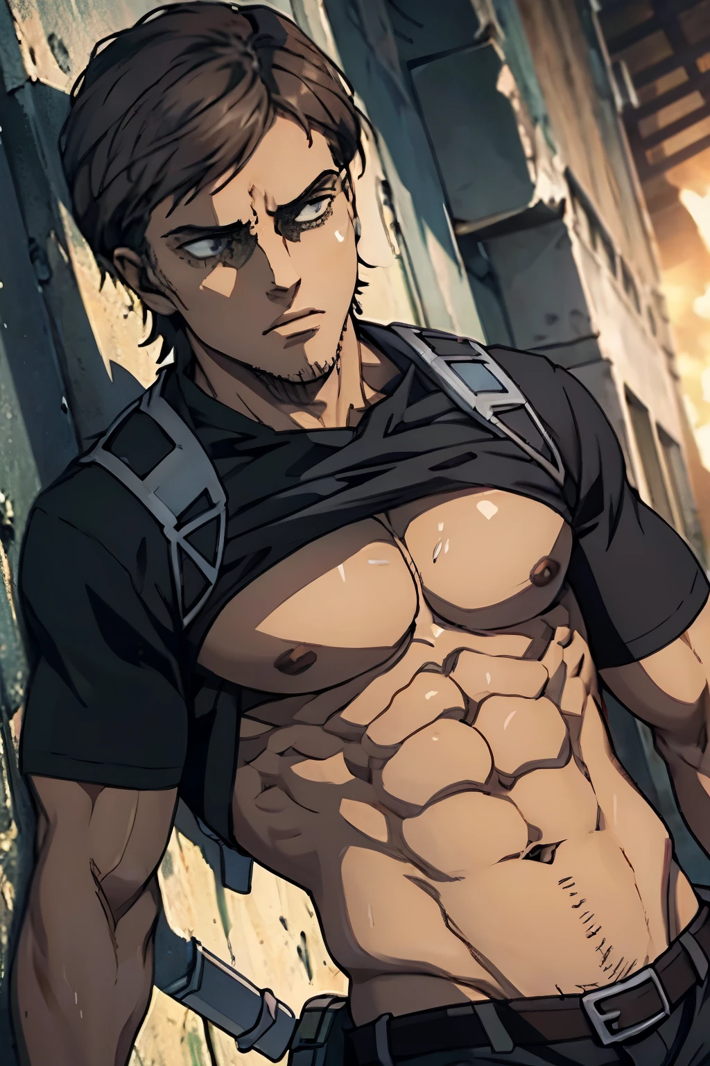 Jean Kirschstein from Attack on Titan is showing his abs in a black tshirt