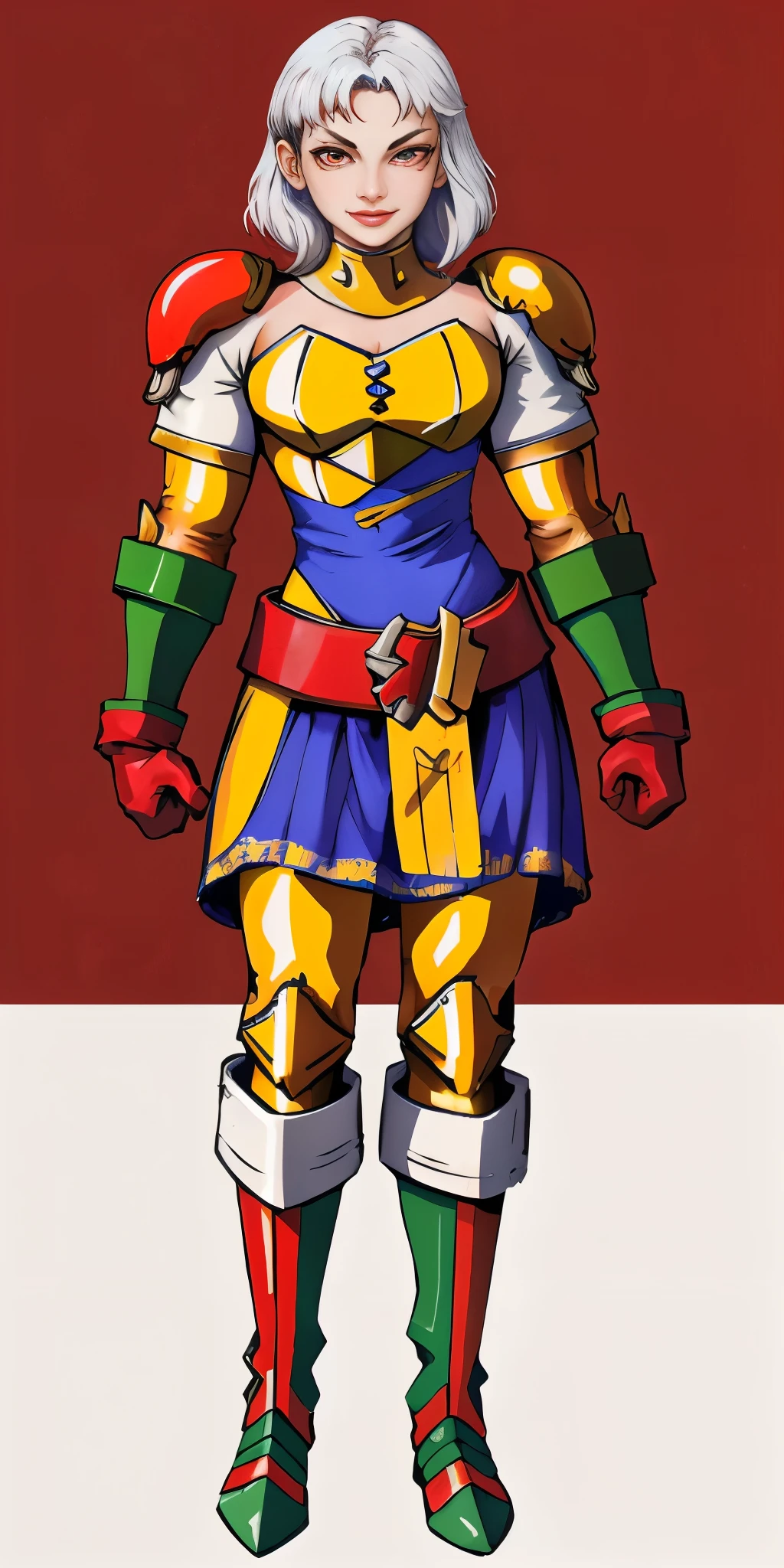 (masterpiece, best quality, 4k, 1girlsolo, 1MILF, mmplatz, smile, red cheeks, plain background:1.2) perfect face, perfect lighting, mature whsororitas with gloves red gauntlets in her hands like Cammy White from Street Fighter, bob white hair, warhammer 40k power armor suit with loincloth, red eyes like rubies, full body RED armor, view from below, looking to the viewer, arms to the sides empty hands, RED military boots, silver skull ornament attached to crossing 2 belt wide hips, 2 long legs