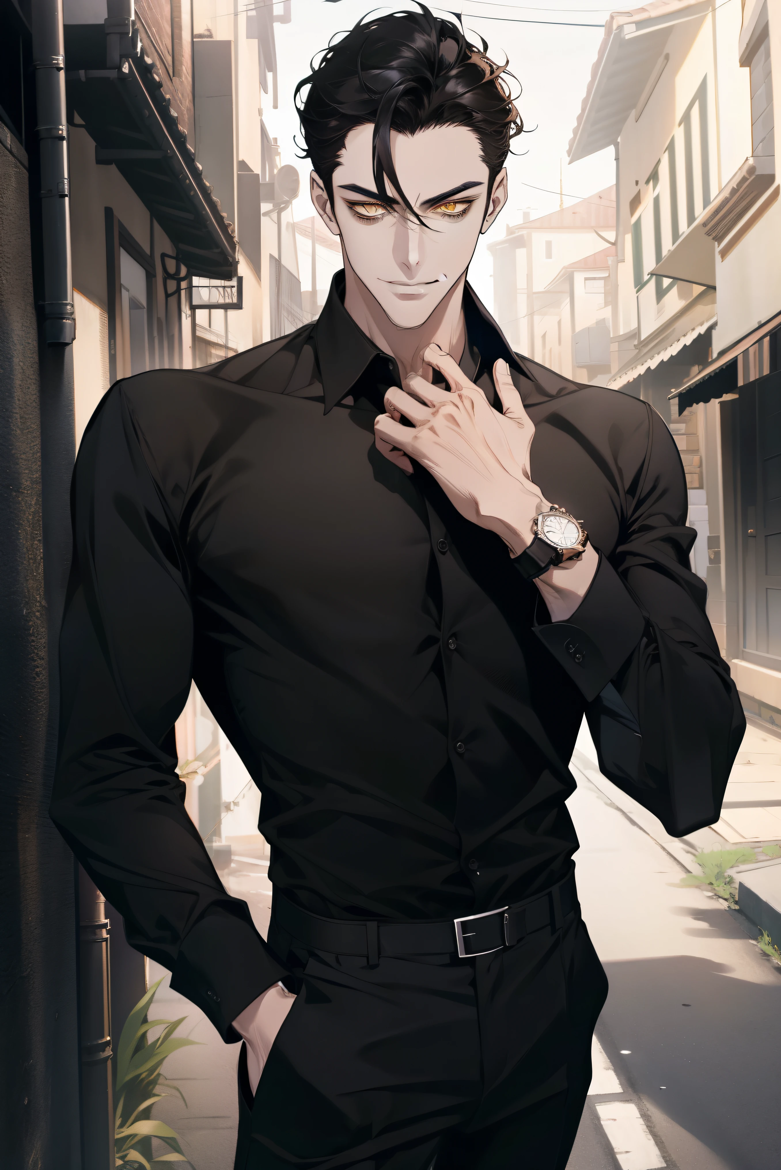 masterpiece, best quality, 1 male, male focus, handsome, black hair, forehead hair, perfect body, single bangs hair, yellow eyes, thin, wear black shirt, open two buttons in his shirt, collabone, wear black trouser, wear watch in left hand, wear black glove, tall, mature, evil smile, in alley, 4k hd, dark, upper body, not looking at viewer, villian vibe