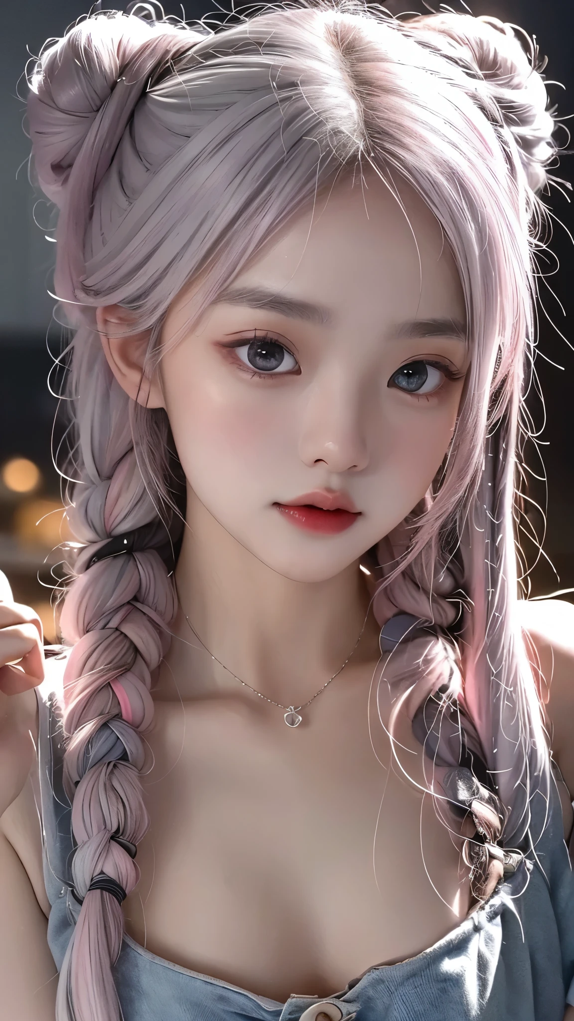 ((upper body)), 1girll,Light shines on the face, rosy lips, topknot, glowing eyes, hair bun, Surrealism, close-up, Sony FE GM, polar opposites, symmetry, UHD, masterpiece, super detail, high details, highres,pink silver hair,Small breasts,Are thin,A famous Korean idol singer with a rich voice,A famous Korean idol and beautiful dancer with advanced athletic ability,Eyes are narrow eyes,bright personality,The belly button and the surrounding area are exposed,