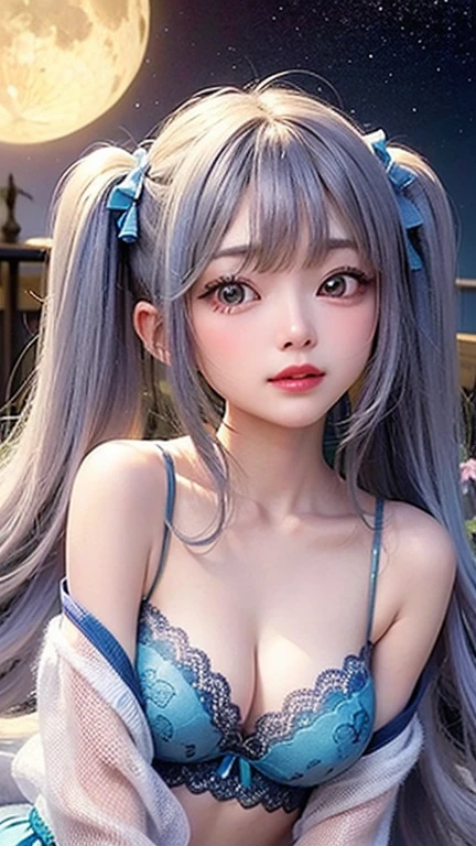 (highest quality, masterpiece), One girl, Twin tails、Pause, particle, Wind, flower, Simple Background, View your viewers, , Milky Way,smile、Turquoise eyes、(Silver Long Hair)、cute、Twin taililky way、Crescent Moon、(blue、depicted in detail、Lace bra、Lace 、lace garter belt)、Lie down in bed