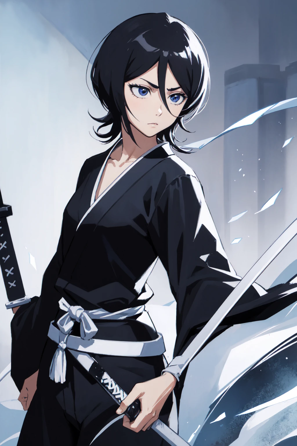 thick outlines, comics, photorealistic, 1girl, solo, ice, katana hanging on belt, cowboy shot, kuchiki_rukia, black kimono, japanese town, detailed background, detailed face, detailed eyes, perfect hands