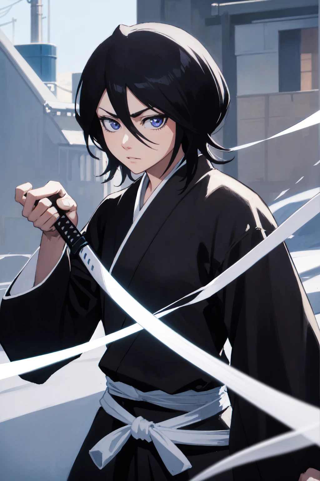 thick outlines, comics, photorealistic, 1girl, solo, ice, katana hanging on belt, cowboy shot, kuchiki_rukia, black kimono, japanese town, detailed background, detailed face, detailed eyes, perfect hands