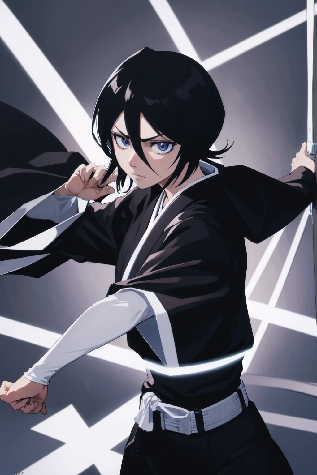 thick outlines, comics, photorealistic, 1girl, solo, ice, katana hanging on belt, cowboy shot, kuchiki_rukia, black kimono, japanese town, detailed background, detailed face, detailed eyes, perfect hands