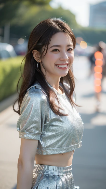 Ultra-high resolution, 1 Girl, 25 years old, (Idols:1.4), (Famous actresses :1.4), (Beautiful detailed face:1), Bangs, (Multicolor floating hair), Skin Dentition, Light makeup, (Beautiful medium breasts:1.3), (Sparkling Skin:1.1), Shiny skin, Long limbs, Slim, medium Breasts:1.3, Narrow waist, Medium Hips, Thin legs, Slim thighs, Dynamic Lighting, Sexually suggestive faces, Glossy texture, Lipstick, V-shaped eyebrows, V Line Jaw, Looking at the Viewer, (Long Hair:1.3), (Perfect Face:1.4), Flowing hair, audience, (A shy smile:1.3), blue sky, (((Monte Carlo Street Circuit))), (((Racing Car))), (((Racing Bike))), ((Promotion Girl:1.3)), ((Grid Girls:1)), Pink Lips, Light makeup, (Detailed promotional costumes are intricately worn:1.10), Lace-up boots, Short sleeves, Cropped tops, ((Short jacket:1)), (Tube Top Bra:1), Knee-high, (((Nylon short-sleeve jacket with many logos))), (Logo glitter long nylon pleated skirt), Small Ass, ((Promotional wear with logo:1.3)), (((Shiny silver and metallic blue glitter promotional wear))), Fingerless gloves, Black Hair, Brown hair, Red Hair, Walking, audience,