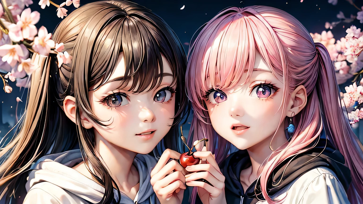 (oil, masterpiece, highest quality, Super detailed, Focus on the characters), Man and woman gazing at each other、cherry blossoms，Detailed hair depiction,([return:0.8]|[ face facing returnwards:1.1]), 
hoodie,([Night cherry blossoms tree-lined scenario:1.2]|[ ground:1.3]| [High Contrast:1.1])  