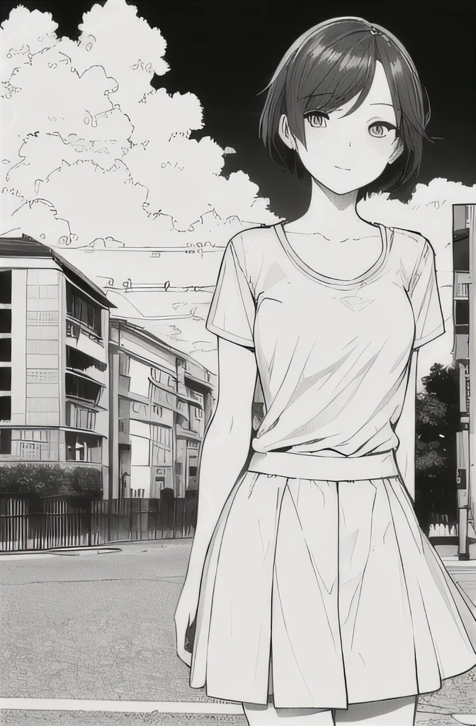 masterpiece, best quality, 1girl, y.o girl, shorthair, breasts, beautiful eyes, cloudy sky, t-shirt, frilled skirt, city, street, looking at viewer, outdoors, sky, lineart, monochrome,
