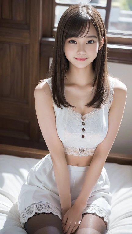 An innocent -yeld gi((White sleeveless, White micro mini skirt, Cute and elegant, Dramatic Pose)),smile,Long Hair、RAW Photos, (8k、highest quality、masterpiece:1.2)、(Intricate details:1.4)、(Realistic:1.4)、Octane Rendering、Complex 3D rendering with ultra-detail, Studio Soft Light, Rim Light, Sharp details, Super Detail, Realistic skin texture, detailed aspects, Beautiful details in the eyes, Highly detailed CG Unity 16k wallpaper, Compensate, (Detailed Background:1.2), Glowing Skin, whole body,Put your hands down、Spread your legs and show me your panties,stand、Embarrassing、smile、Thighs、Black Pantyhose、Bright lighting、Low - Angle