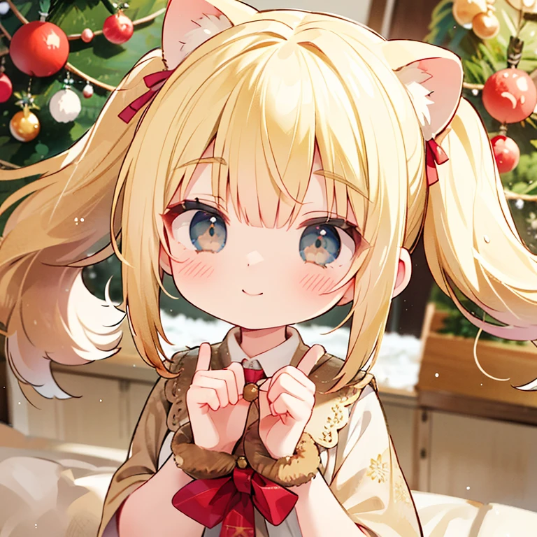 A clear-eyed girl with blonde pigtails is smiling in front of a Christmas tree on a snowy day, wearing Rudolph ears and a beige dress..