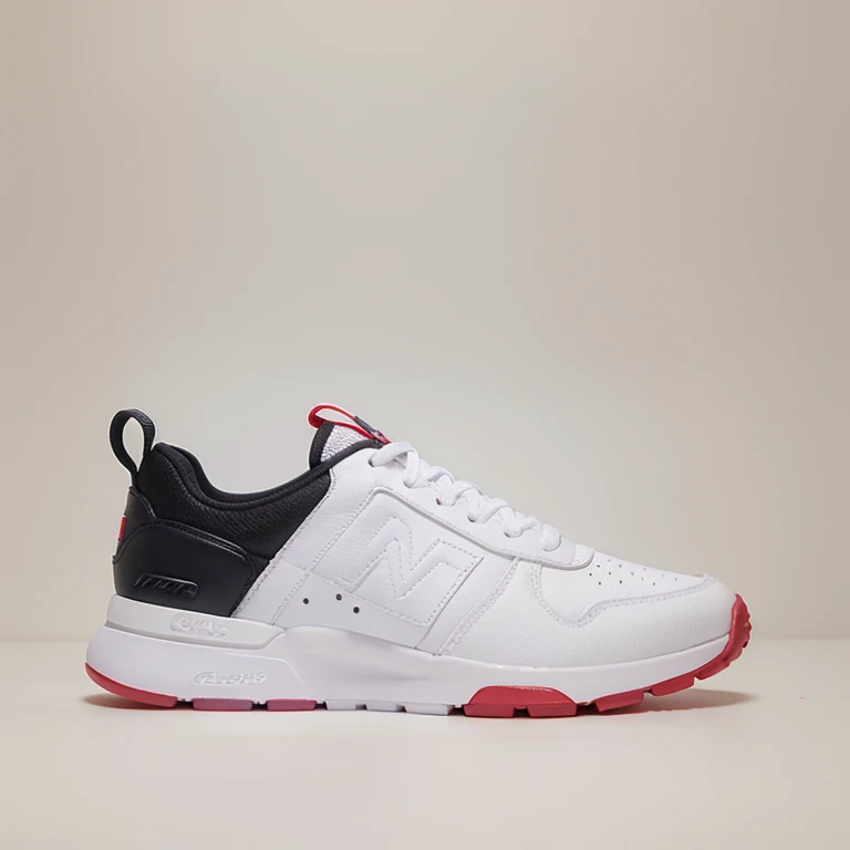 Pie de hombre con unos zapatos deportivos de colores claros en un fondo blanco 