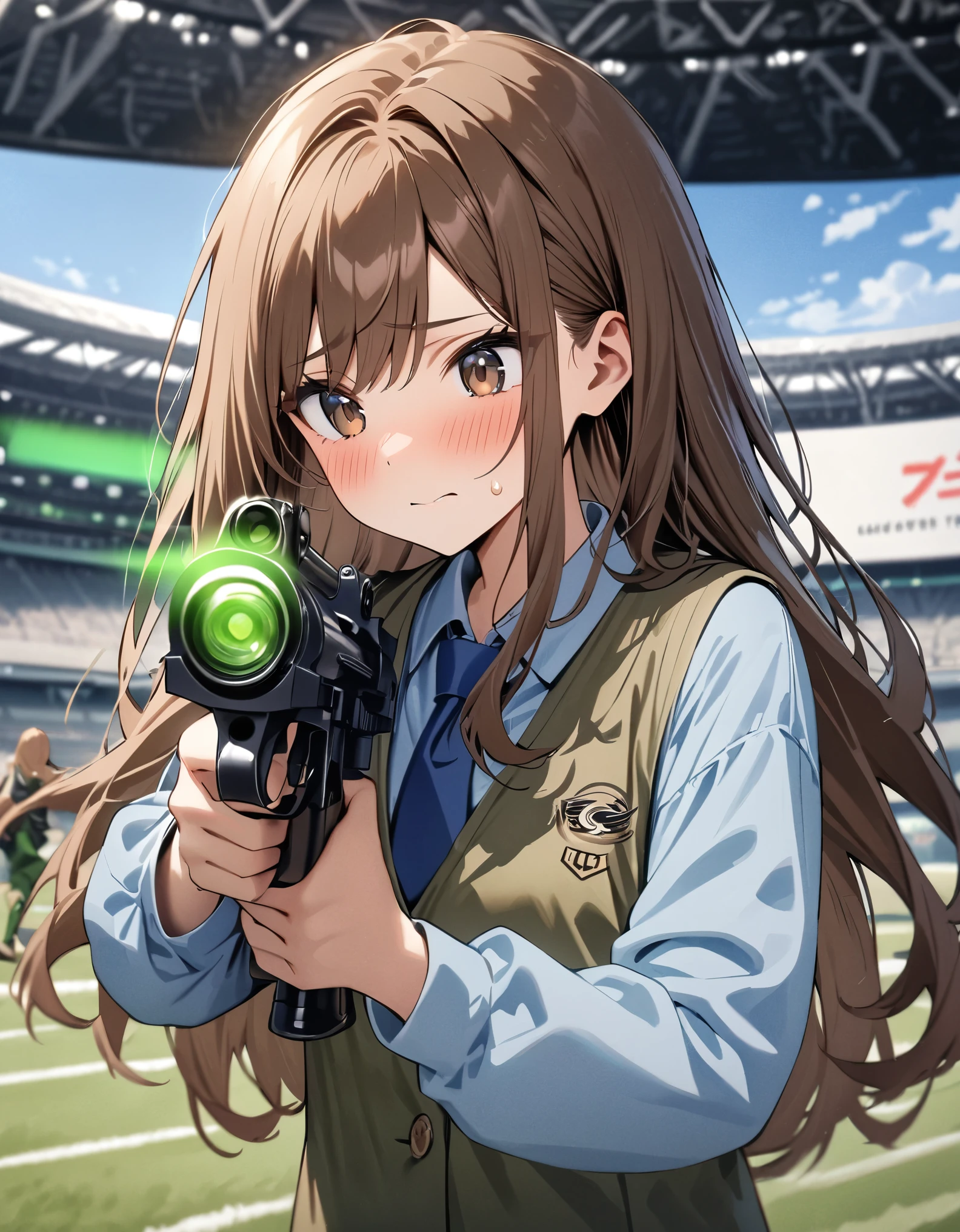 masterpiece, best quality, highres, 1girl, solo, solo focus, dark brown hair, long hair, hazel brown eyes, beautiful detailed eyes, beautiful detailed face, cute face, light blue shirt, long sleeves, blue necktie, green pants, black shoes. blush shy, klutzy, small sweatdrop on head. tokyo stadium backdrop, outdoors. holding weapon, holding gun, holding e11 blaster rifle with two hands, trigger discipline. running away from green laser gunfire.