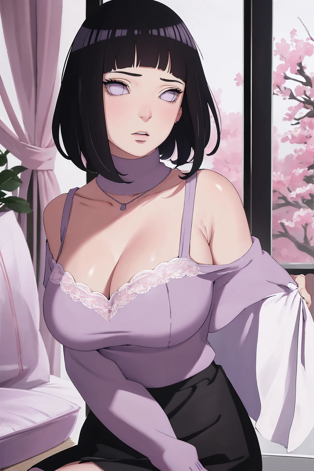 { - anatomy error} (Masterpiece - Ultra-detailed, very high resolution) (huge titusty, masterpiece, absurdres, hinata\(boruto\), 1girl, solo,mature female, off-shoulder bra, high waist black short skirt, looking at viewelling petals), perfect composition, detailed lips, big breast, beautiful face, body propotion, blush, (pink lips), short hair, (black hair), purple eyes, soft gaze, super realistic, detailed, photoshoot, realistic face and body, closed mouth, sitting on the bed , lilac eyes, upper body, lace clothes, backwards, looking back, with chin resting on shoulder, perfect fingers