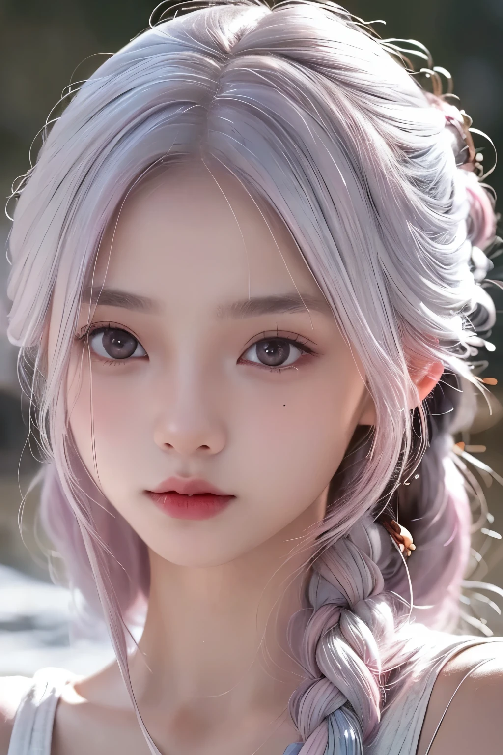 ((upper body)), 1girll,Light shines on the face, rosy lips, topknot, glowing eyes, hair bun, Surrealism, close-up, Sony FE GM, polar opposites, symmetry, UHD, masterpiece, super detail, high details, highres,pink silver hair,Small breasts,Are thin,