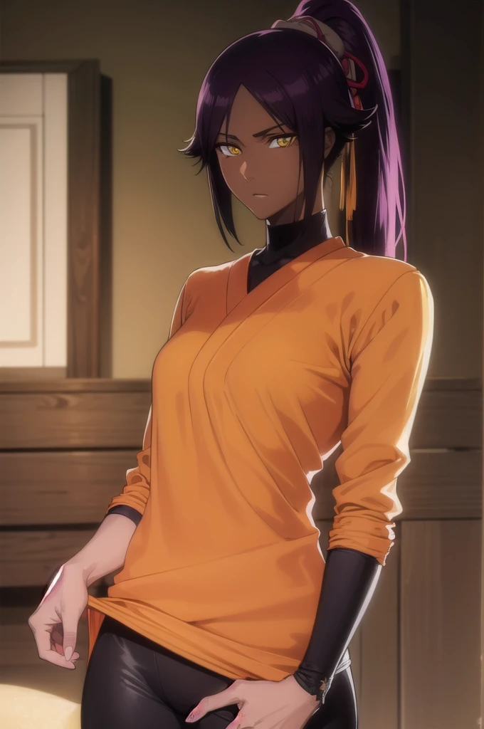 yoruichishihouin, yoruichi shihouin, long hair, (yellow eyes:1.5), ponytail, purple hair, dark skin, dark-skinned female,
BREAK bodysuit, black bodysuit, bodysuit under clothes, (orange shirt:1.5), long sleeves,
BREAK outdoors,
BREAK looking at viewer, (cowboy shot:1.5),
BREAK (masterpiece:1.2), best quality, high resolution, unity 8k wallpaper, (illustration:0.8), (beautiful detailed eyes:1.6), extremely detailed face, perfect lighting, extremely detailed CG, (perfect hands, perfect anatomy),