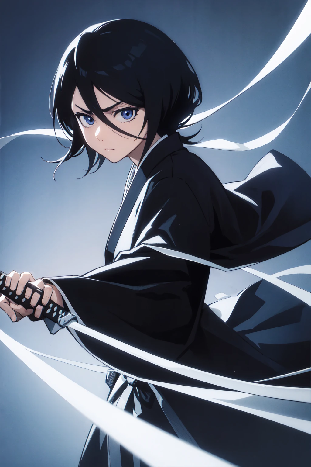 thick outlines, comics, photorealistic, 1girl, solo, ice, katana hanging on belt, cowboy shot, kuchiki_rukia, black kimono, japanese town, detailed background, detailed face, detailed eyes, perfect hands