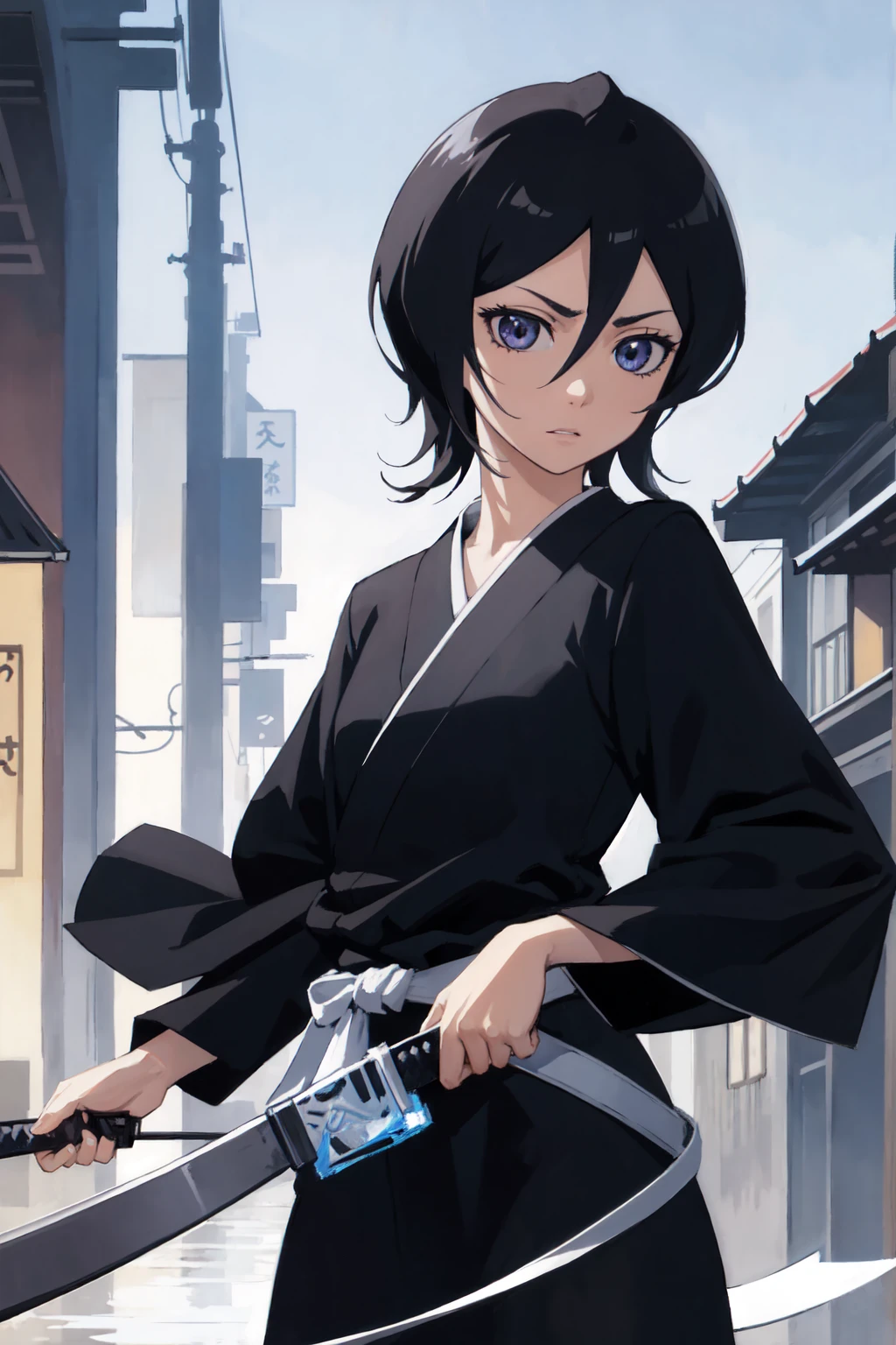 thick outlines, comics, photorealistic, 1girl, solo, ice, katana hanging on belt, cowboy shot, kuchiki_rukia, black kimono, japanese town, detailed background, detailed face, detailed eyes, perfect hands