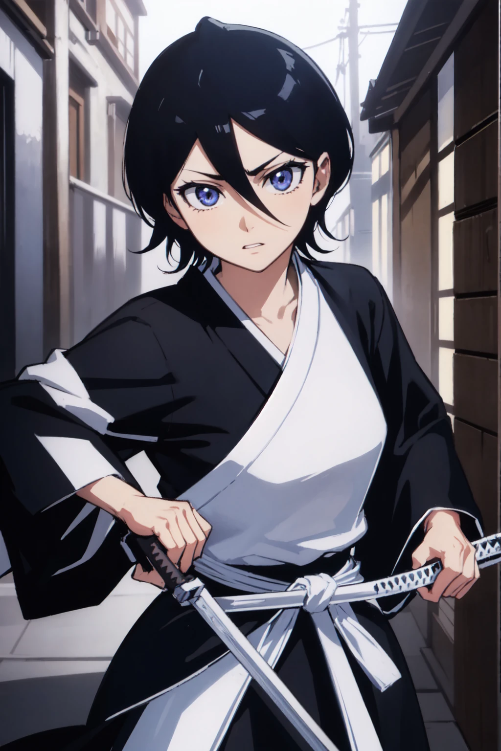 thick outlines, comics, photorealistic, 1girl, solo, ice, katana hanging on belt, cowboy shot, kuchiki_rukia, black kimono, japanese town, detailed background, detailed face, detailed eyes, perfect hands