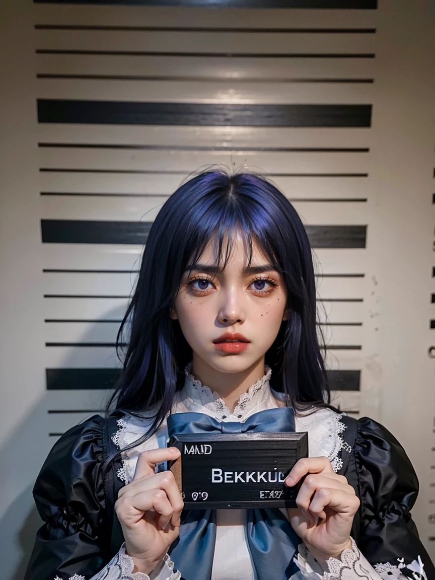 (1 lady), (Best quality at best:1.4), (ultra - detailed), (extremely detailed CG unified 16k), A Beautiful Woman with Perfect Figure: 1.4, Sharp Focus: 1.2, very detailed, High-definition RAW color photo, amazing face and eyes, cosmetics, (amazingly beautiful girl), ((frederica bernkastel)), ((purple bow, dress, frills)), realistic cinematic face, photorealistic, ((realistic natural purple hair style, purple eyes, long hair)), gorgeous, extremely beautiful face, perfect model beauty, Highly Detailed Face and Skin Texture, Detailed Eyes, Double Eyelids, Big Breasts, Smile, cleavages, western, (masterpiece), best quality, high resolution, extremely detailed, cinematic lighting, clear and well-cared skin, mugshot, looking at viewer, front view, centered, write "Bernkastel" on nameplate