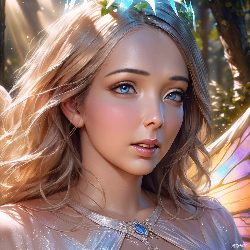 Hyperrealistic digital painting, beautiful fairy with reflections in detailed eyes, surreal background, serenity and magic infused, butterflies showcasing transparent wings and luminescence, long messy blonde hair, artistic fusion of Jose Royo, Boris Vallejo, Julie Bell, Carne Griffiths, Brian Froud, Frédéric Partiot, Jean-Baptiste Monge's Ouroboros Dark Art, symmetrical