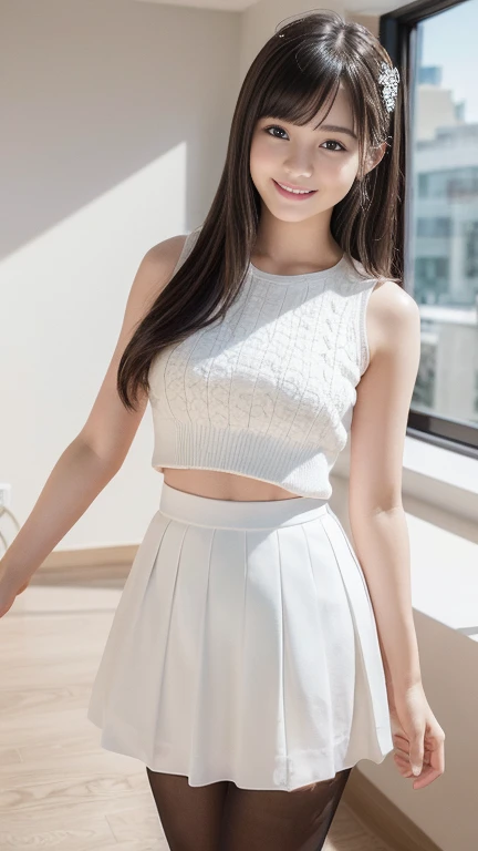 An innocent -yeld gi((White sleeveless, White micro mini skirt, Cute and elegant, Dramatic Pose)),smile,Long Hair、RAW Photos, (8k、highest quality、masterpiece:1.2)、(Intricate details:1.4)、(Realistic:1.4)、Octane Rendering、Complex 3D rendering with ultra-detail, Studio Soft Light, Rim Light, Sharp details, Super Detail, Realistic skin texture, detailed aspects, Beautiful details in the eyes, Highly detailed CG Unity 16k wallpaper, Compensate, (Detailed Background:1.2), Glowing Skin, whole body,Hands down、Stand with your legs spread and your underwear showing、Embarrassing、smile、Thighs、Black Pantyhose、Bright lighting、Low Angle、Model standing