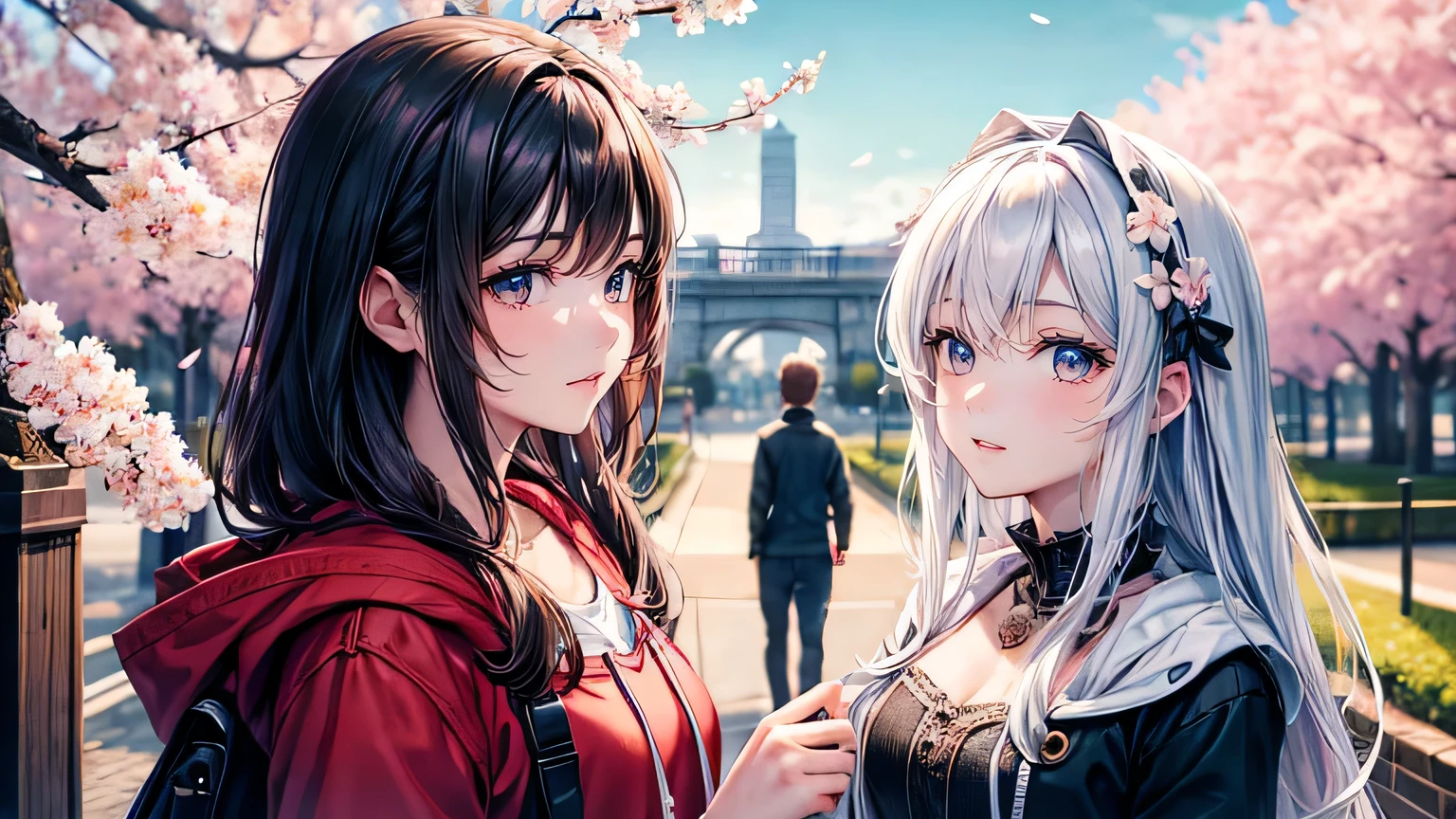 (oil, masterpiece, highest quality, Super detailed, Focus on the characters), Man and woman gazing at each other、cherry blossoms，Detailed hair depiction,([return:0.8]|[ face facing returnwards:1.1]), 
hoodie,([Night cherry blossoms tree-lined scenario:1.2]|[ ground:1.3]| [High Contrast:1.1])  