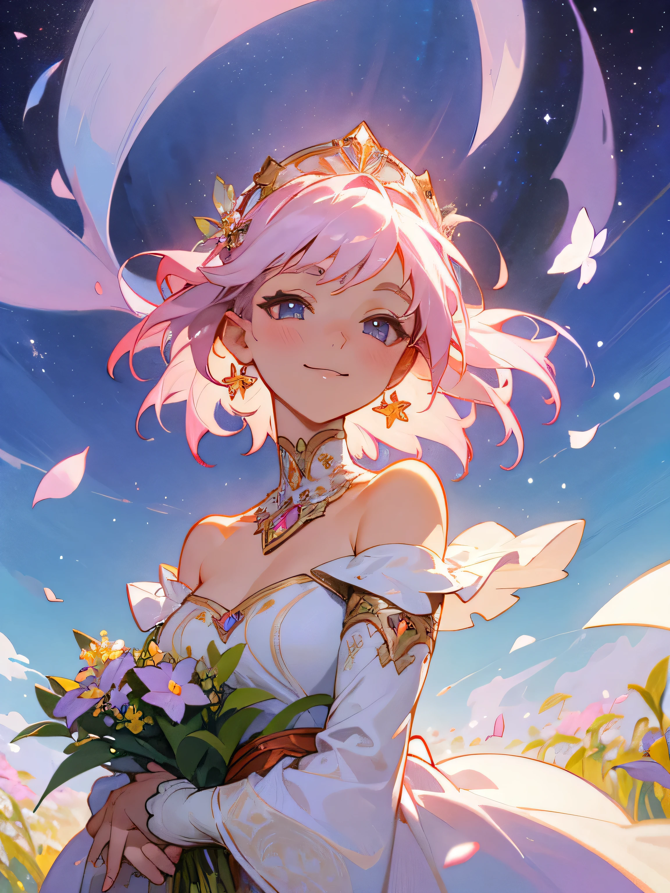 solo, upperbody,(looking at viewer), white pink hair, medium hair,open forehead, aristocratic purple wedding dress with detailed design, offshoulder, blue sky, falling petals, big smile, blessing, flower field,perfect lighting,starry night,water color,Alphonse Mucha