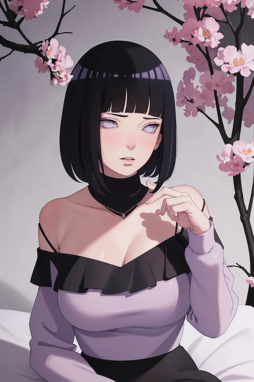 { - anatomy error} (Masterpiece - Ultra-detailed, very high resolution) (huge titusty, masterpiece, absurdres, hinata\(boruto\), 1girl, solo,mature female, off-shoulder bra, high waist black short skirt, looking at viewelling petals), perfect composition, detailed lips, big breast, beautiful face, body propotion, blush, (pink lips), short hair, (black hair), purple eyes, soft gaze, super realistic, detailed, photoshoot, realistic face and body, closed mouth, sitting on the bed , lilac eyes, upper body, lace clothes, backwards, looking back, with chin resting on shoulder, perfect fingers