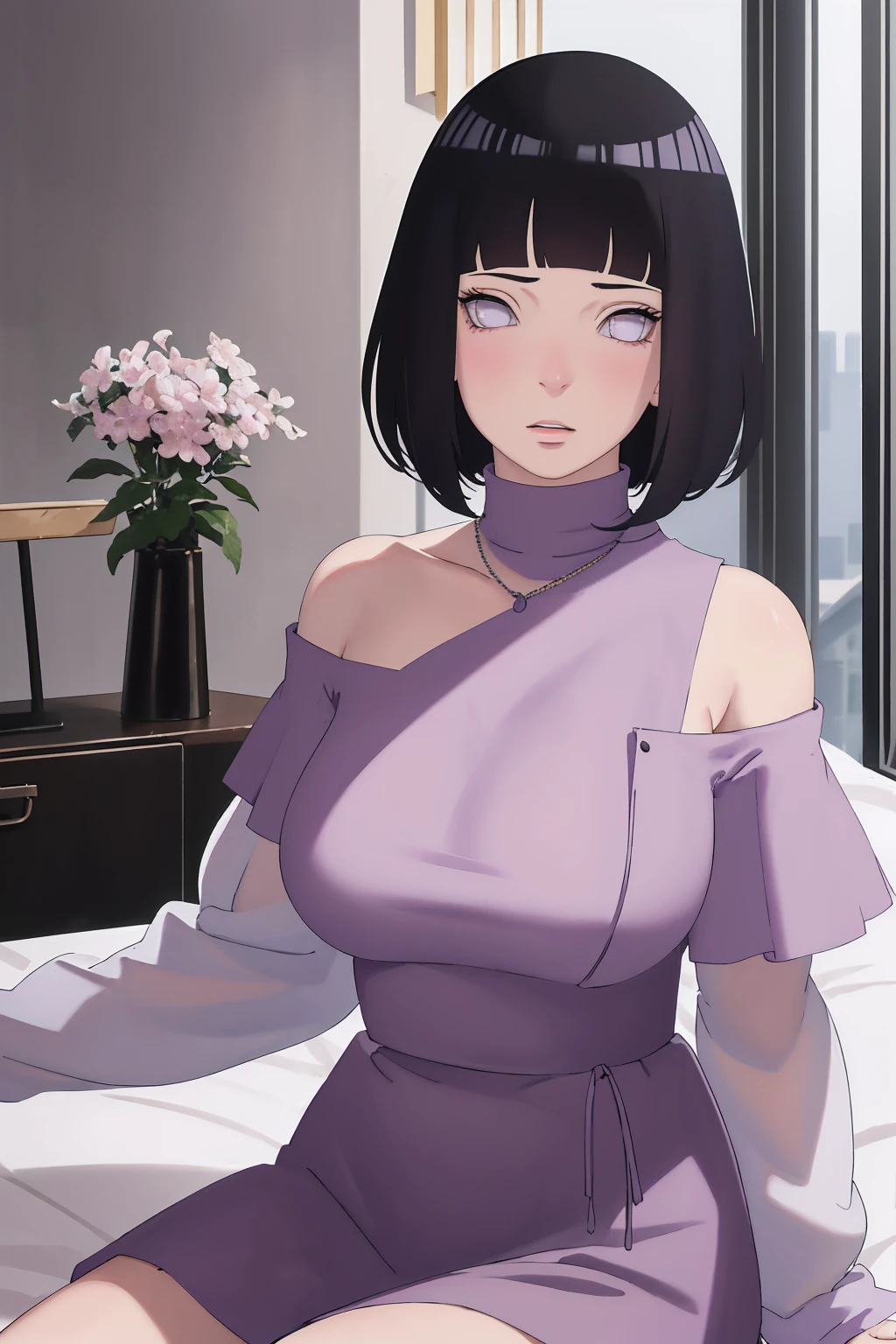 { - anatomy error} (Masterpiece - Ultra-detailed, very high resolution) (huge titusty, masterpiece, absurdres, hinata\(boruto\), 1girl, solo,mature female, off-shoulder bra, high waist black short skirt, looking at viewelling petals), perfect composition, detailed lips, big breast, beautiful face, body propotion, blush, (pink lips), short hair, (black hair), purple eyes, soft gaze, super realistic, detailed, photoshoot, realistic face and body, closed mouth, sitting on the bed , lilac eyes, upper body, lace clothes, backwards, looking back, with chin resting on shoulder, perfect fingers