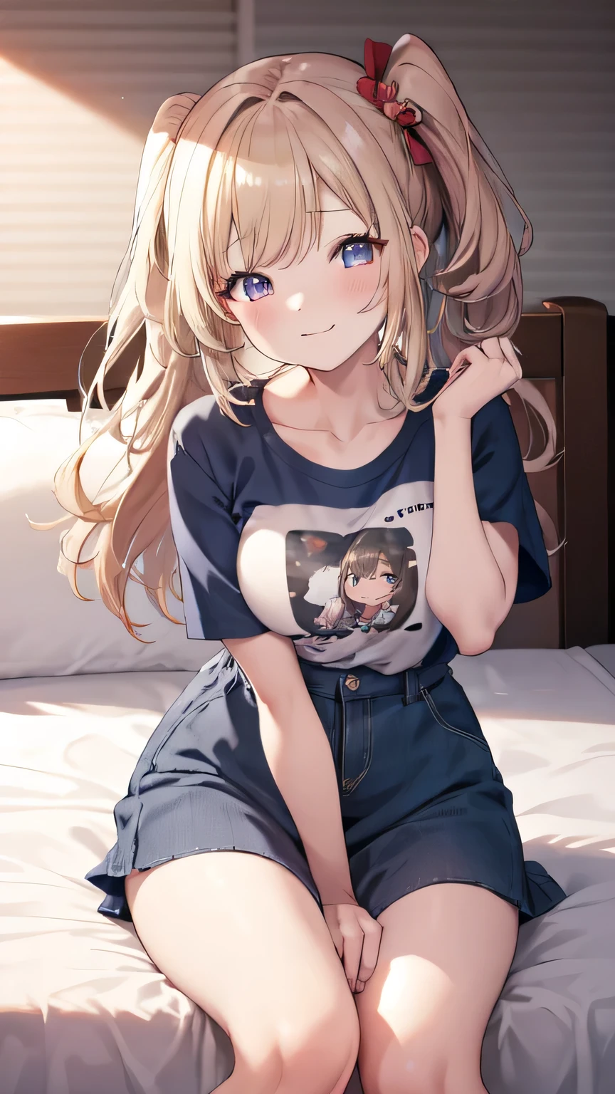 Very detailed、(8k, RAW Photos, highest quality, masterpiece:1.2), (Very detailed 8k wallpaper),shape、Professional Lighting,Sharp focus, Written boundary depth、
Browsing Caution、Clear Eyes、Perfect Anatomy、With a girl、blonde、、、、、Cute Chibi T-shirt、、denim micro mini skirt,、,Her plump thighs are in full view、Sleeping in bed、From below