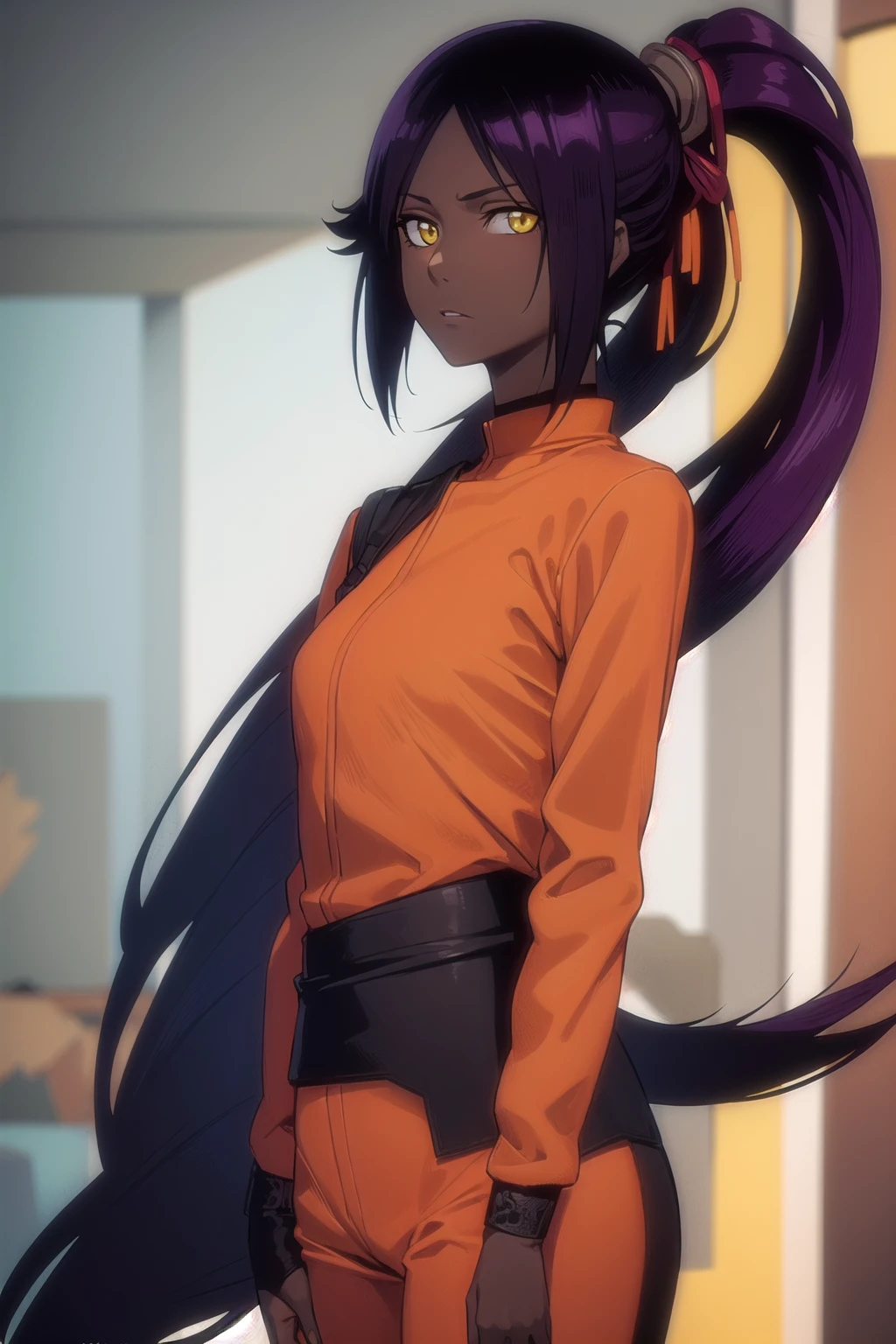 yoruichishihouin, yoruichi shihouin, long hair, (yellow eyes:1.5), ponytail, purple hair, dark skin, dark-skinned female,
BREAK bodysuit, black bodysuit, bodysuit under clothes, (orange shirt:1.5), long sleeves,
BREAK outdoors,
BREAK looking at viewer, (cowboy shot:1.5),
BREAK (masterpiece:1.2), best quality, high resolution, unity 8k wallpaper, (illustration:0.8), (beautiful detailed eyes:1.6), extremely detailed face, perfect lighting, extremely detailed CG, (perfect hands, perfect anatomy), (dinamic poses)
