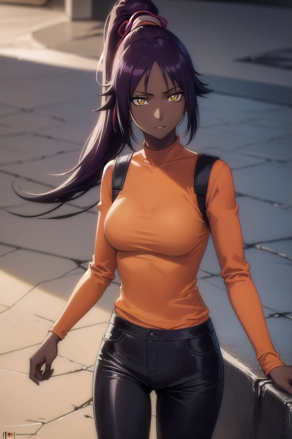 yoruichishihouin, yoruichi shihouin, long hair, (yellow eyes:1.5), ponytail, purple hair, dark skin, dark-skinned female,
BREAK bodysuit, black bodysuit, bodysuit under clothes, (orange shirt:1.5), long sleeves,
BREAK outdoors,
BREAK looking at viewer, (cowboy shot:1.5),
BREAK (masterpiece:1.2), best quality, high resolution, unity 8k wallpaper, (illustration:0.8), (beautiful detailed eyes:1.6), extremely detailed face, perfect lighting, extremely detailed CG, (perfect hands, perfect anatomy), (dinamic poses)