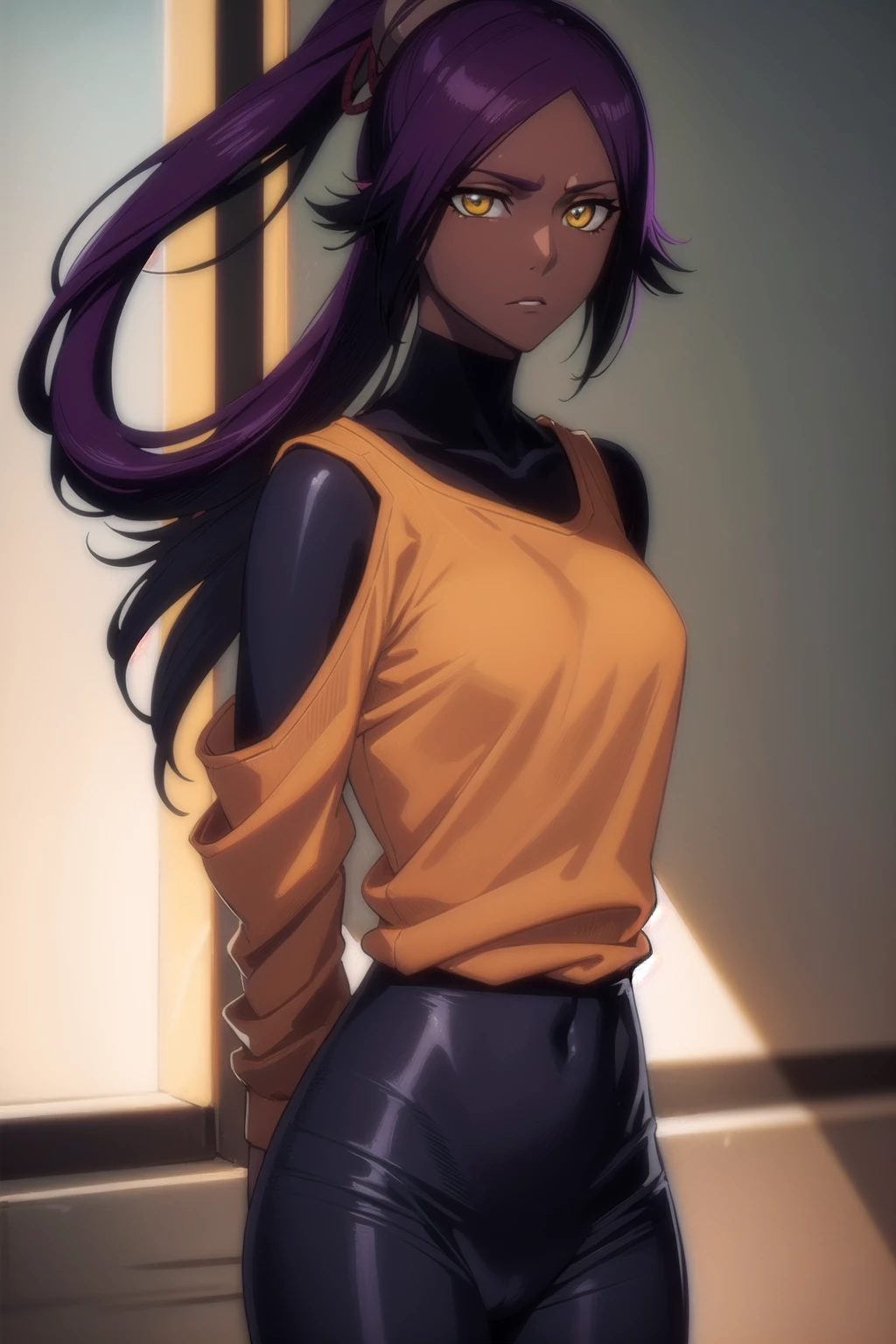 yoruichishihouin, yoruichi shihouin, long hair, (yellow eyes:1.5), ponytail, purple hair, dark skin, dark-skinned female,
BREAK bodysuit, black bodysuit, bodysuit under clothes, (orange shirt:1.5), long sleeves,
BREAK outdoors,
BREAK looking at viewer, (cowboy shot:1.5),
BREAK (masterpiece:1.2), best quality, high resolution, unity 8k wallpaper, (illustration:0.8), (beautiful detailed eyes:1.6), extremely detailed face, perfect lighting, extremely detailed CG, (perfect hands, perfect anatomy), (dinamic poses)