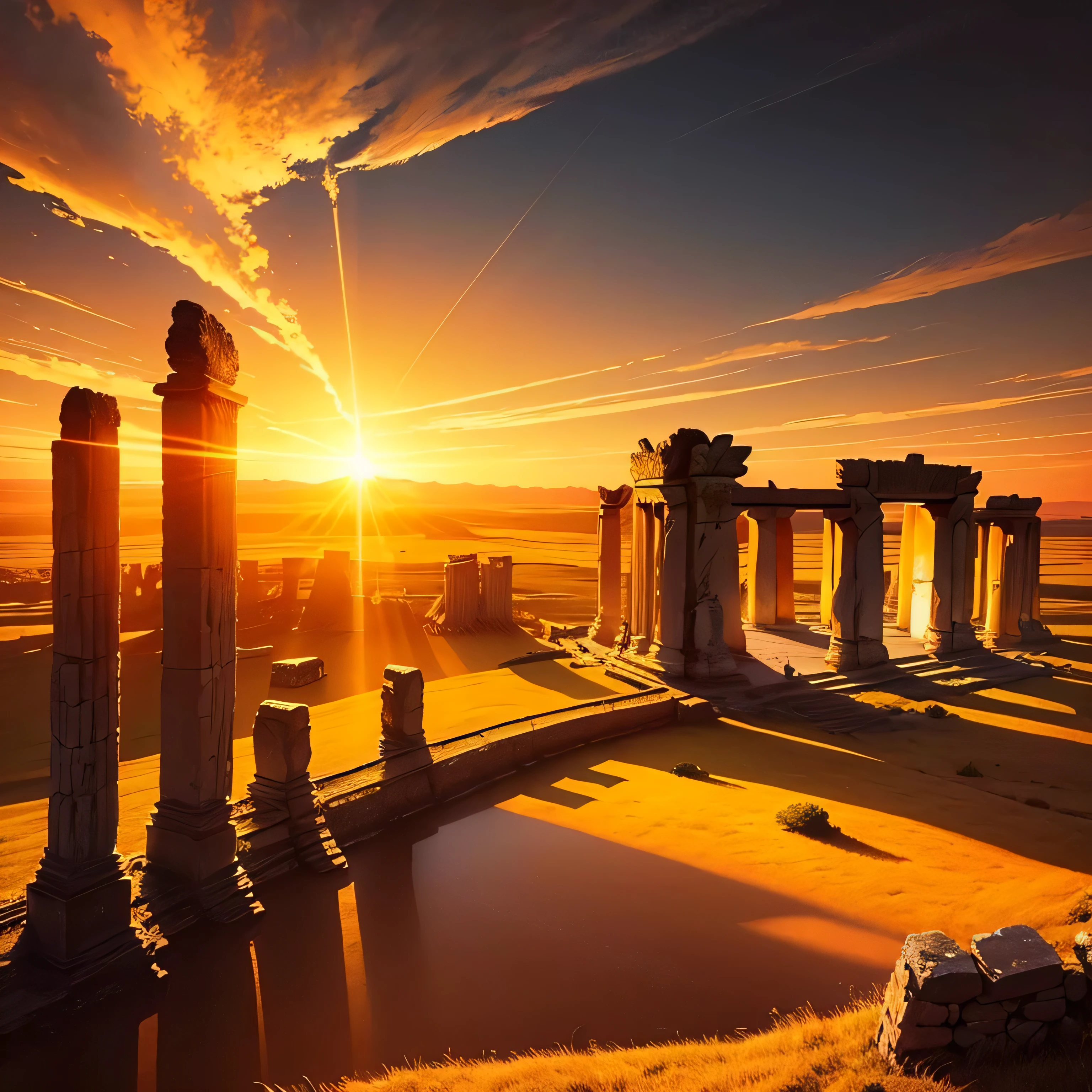 A golden land where everything shines gold 、Stonehenge, England、Golden Ancient Ruins. with the sun setting on the horizon, Painting the sky orange and gold,Natural beauty、 In a magical scene in the late afternoon."  Lens flare
