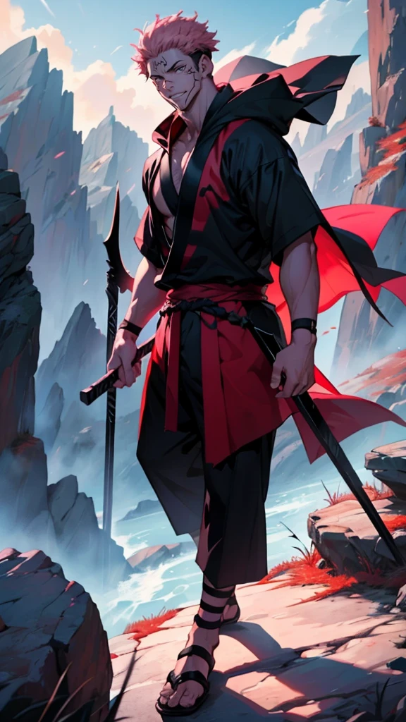 1 Man, 30 years old, Ryomen Sukuna, Jujutsu Kaisen, hair, pink hair, short hair, red eyes, black clothes, smile, spear in hand, cinematographic and vivid paisage, mountains natural cold background.