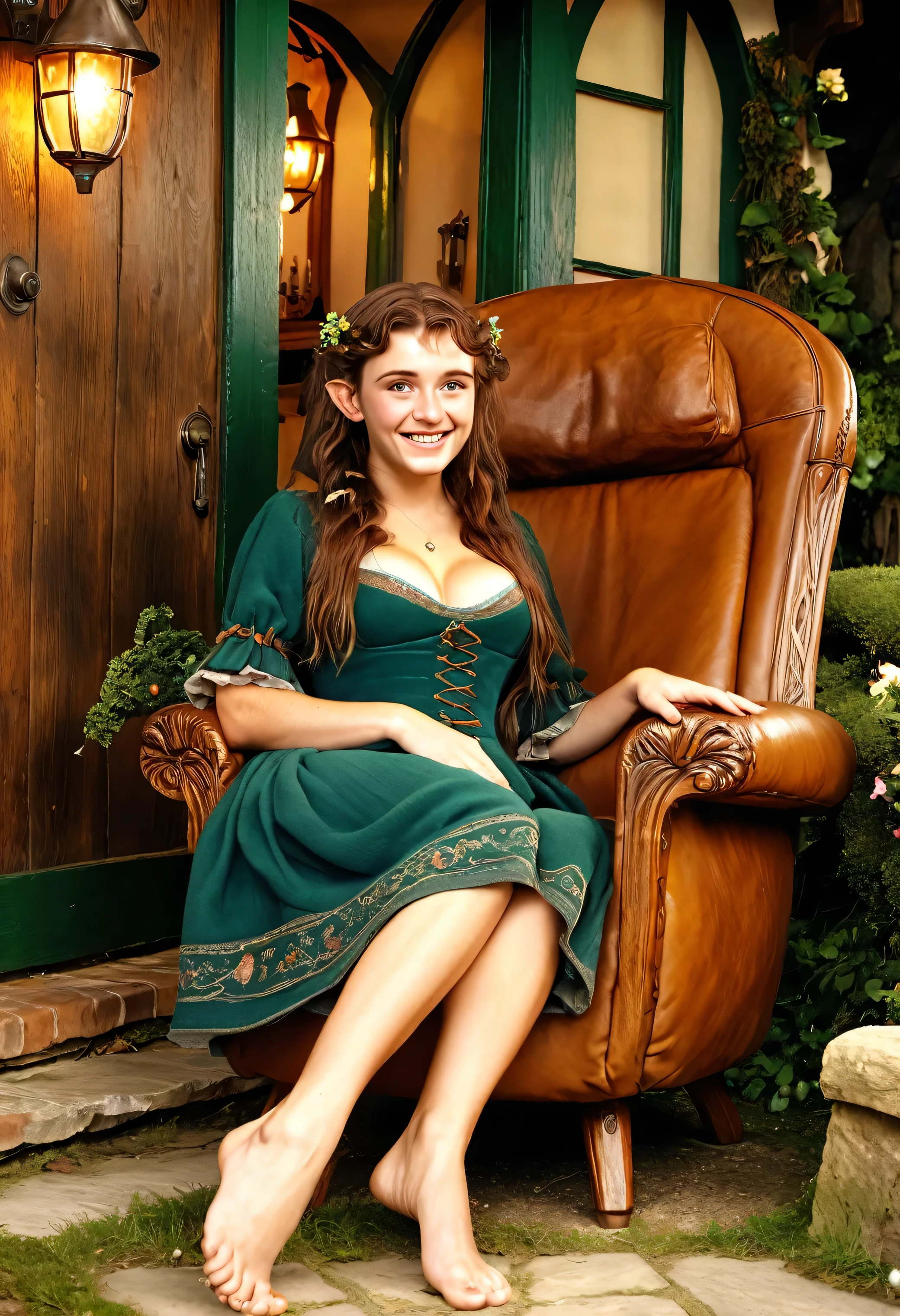 Female hobbit sits inside the shire from lotr breasts vagina bare-feet smiling chair round shire homes doors lights fireflies happy magical (vintage-photo close-shot best-quality detailed high-saturation)