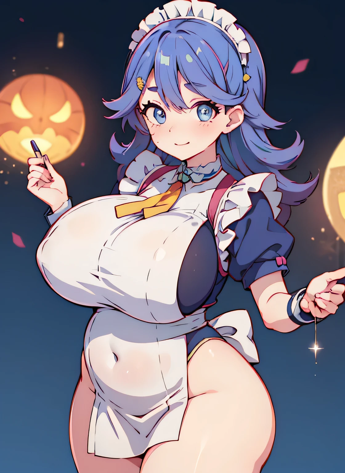 Anime illustration、highest quality、Plump 、Island Breeze、maid Cafe、overwhelmingly big breasts、very thick thighs、Beautiful, shining eyes、Cowboy Shot、smile、Noise Reduction