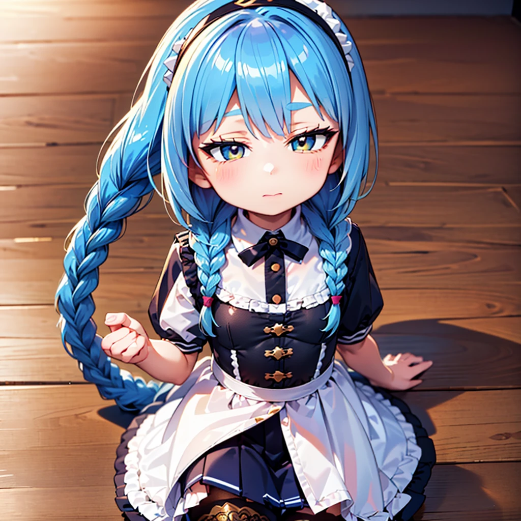 (best quality, masterpiece, uncensored, high quality, ultra detailed, extremely detailed CG, beautiful face, beautiful eyes, beautiful hair), solo, 1girl, (((loli:1.3))), ((((4 years old)))), (infant), (upper body), (light blue hair, short twin braids, hairs between eyes:1.5, crossed bangs:1.5), (beautiful big eyes, golden yellow eyes, Tsurime), (happy, expressionless), (book, hairband), (peach , navy blue mini pleated skirt), (frilled legwear, platform boots), (extremely awesome detailed deep-silky-healthy-lackwarm-foundational-soft-skin:1.1), (extremely awesome detailed gleaming skin), (extremely awesome detailed pretty face, extremely awesome detailed eyes, extremely awesome detailed shiny hair:1.2), extremely awesome detailed dynamic lighting, extremely awesome detailed caustic, extremely awesome detailed deep shadows,(best quality, highres, absurdres, extremely awesome detailed CG unity 8K HDR wallpaper, perfect anatomy:1.1),(extremely awesome detailed realistic, extremely awesome detailed 3d:1.0)