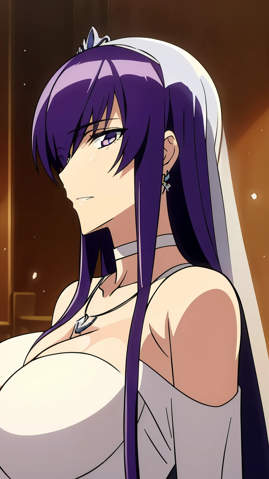 Off-the-shoulder white wedding dress, Snow White Veil, choker, silver tiara, necklace, earrings, church background, kanu unchou, anime cels style, best quality, high resolution, 1girl, (huge breasts:1.2), beautiful face, purple hair, long hair, ((hair over one eye)), closed eye, puckered up lips, want to kiss