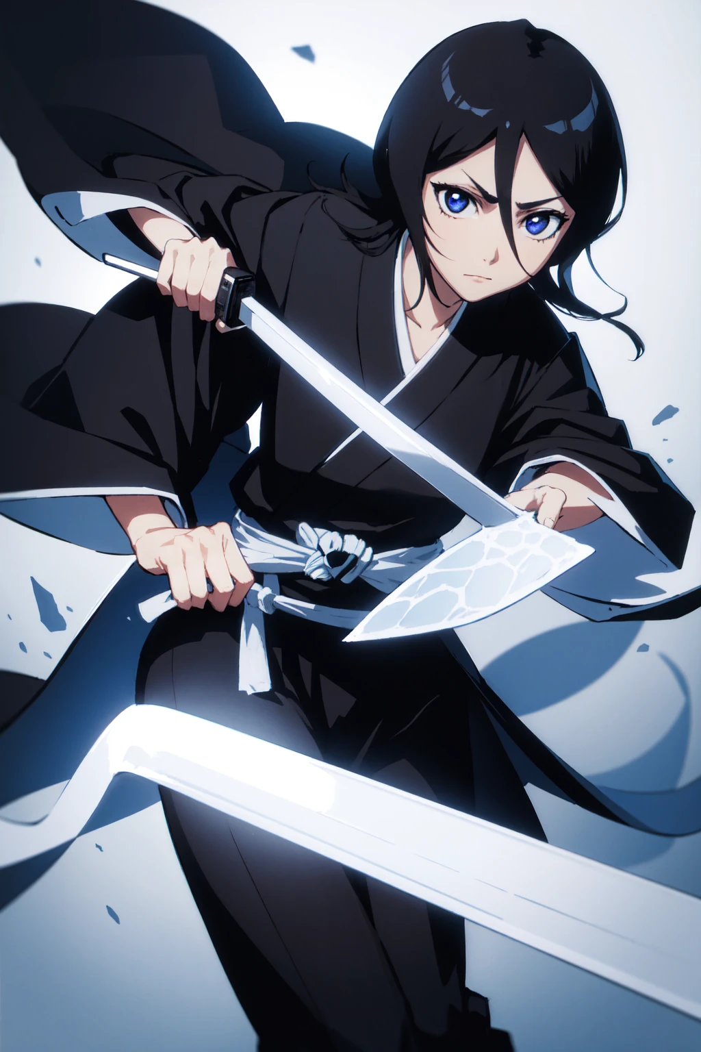 thick outlines, comics, photorealistic, 1girl, solo, ice, katana hanging on belt, cowboy shot, kuchiki_rukia, black kimono, japanese town, detailed background, detailed face, detailed eyes, perfect hands