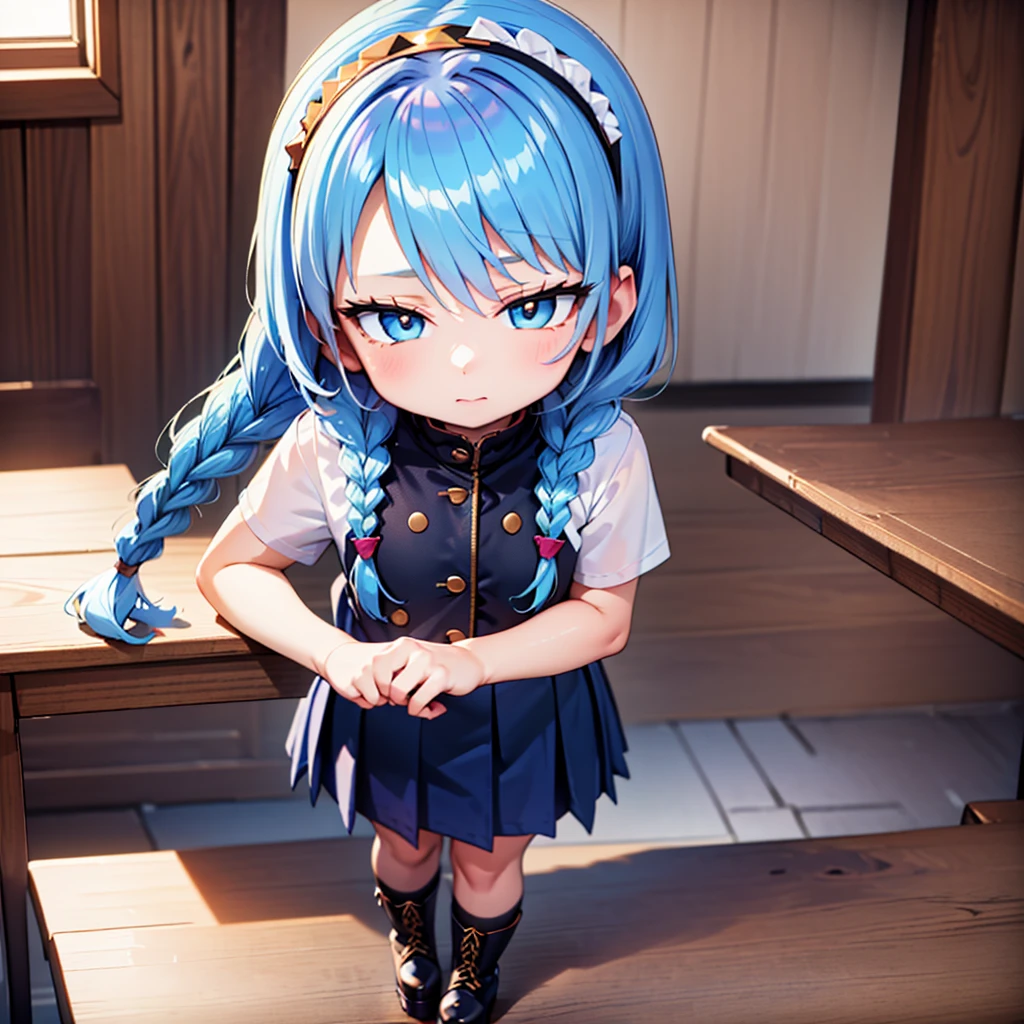 (best quality, masterpiece, uncensored, high quality, ultra detailed, extremely detailed CG, beautiful face, beautiful eyes, beautiful hair), solo, 1girl, (((loli:1.3))), ((((4 years old)))), (infant), (upper body), (light blue hair, short twin braids, hairs between eyes:1.5, crossed bangs:1.5), (beautiful big eyes, golden yellow eyes, Tsurime), (happy, expressionless), (book, hairband), (peach , navy blue mini pleated skirt), (frilled legwear, platform boots), (extremely awesome detailed deep-silky-healthy-lackwarm-foundational-soft-skin:1.1), (extremely awesome detailed gleaming skin), (extremely awesome detailed pretty face, extremely awesome detailed eyes, extremely awesome detailed shiny hair:1.2), extremely awesome detailed dynamic lighting, extremely awesome detailed caustic, extremely awesome detailed deep shadows,(best quality, highres, absurdres, extremely awesome detailed CG unity 8K HDR wallpaper, perfect anatomy:1.1),(extremely awesome detailed realistic, extremely awesome detailed 3d:1.0)