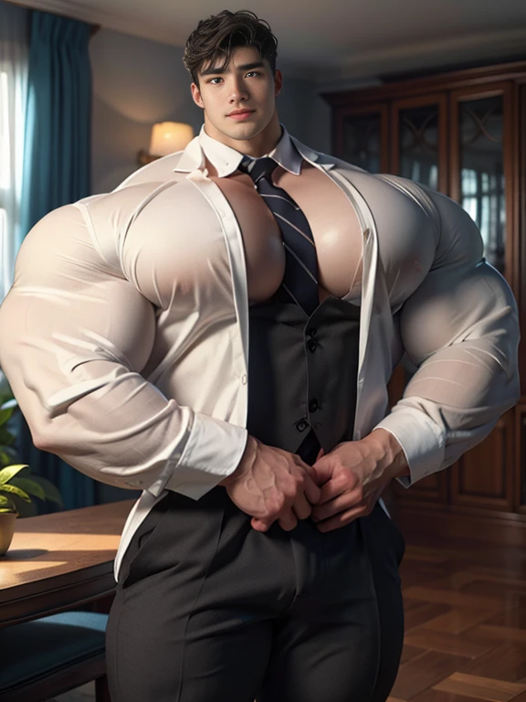 (best quality:1.5, hyperrealistic:1.5, photorealistic:1.4, madly detailed CG unity 8k wallpaper:1.5, masterpiece:1.3, enthusiastically detailed photo:1.2), (hyper-realistic lifelike texture:1.4), highly detailed, ((masterpiece, best quality)), retouched, extremely detailed 8K wallpaper, 1 korean male, (korean man with k-pop idol look), 20yo, looking at viewer, handsome, big guy, hyper muscle, giant muscular bodybuilder, bulk, massive body, large size, posing, stubble, firm, wearing formal suit & pants, photo real, illuminating light, indoor, decorated room with plants