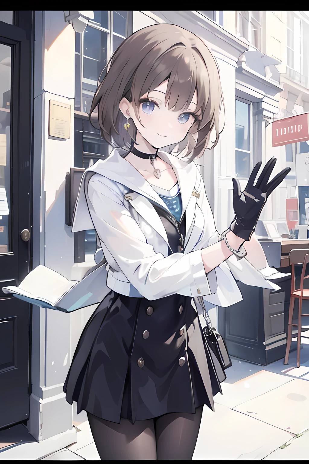 1girl, anime_coloring, black_eyes, black_gloves, brown_hair, choker, earrings, gloves, jewelry, letterboxed, parody, short_hair, smile, solo, style_parody,  