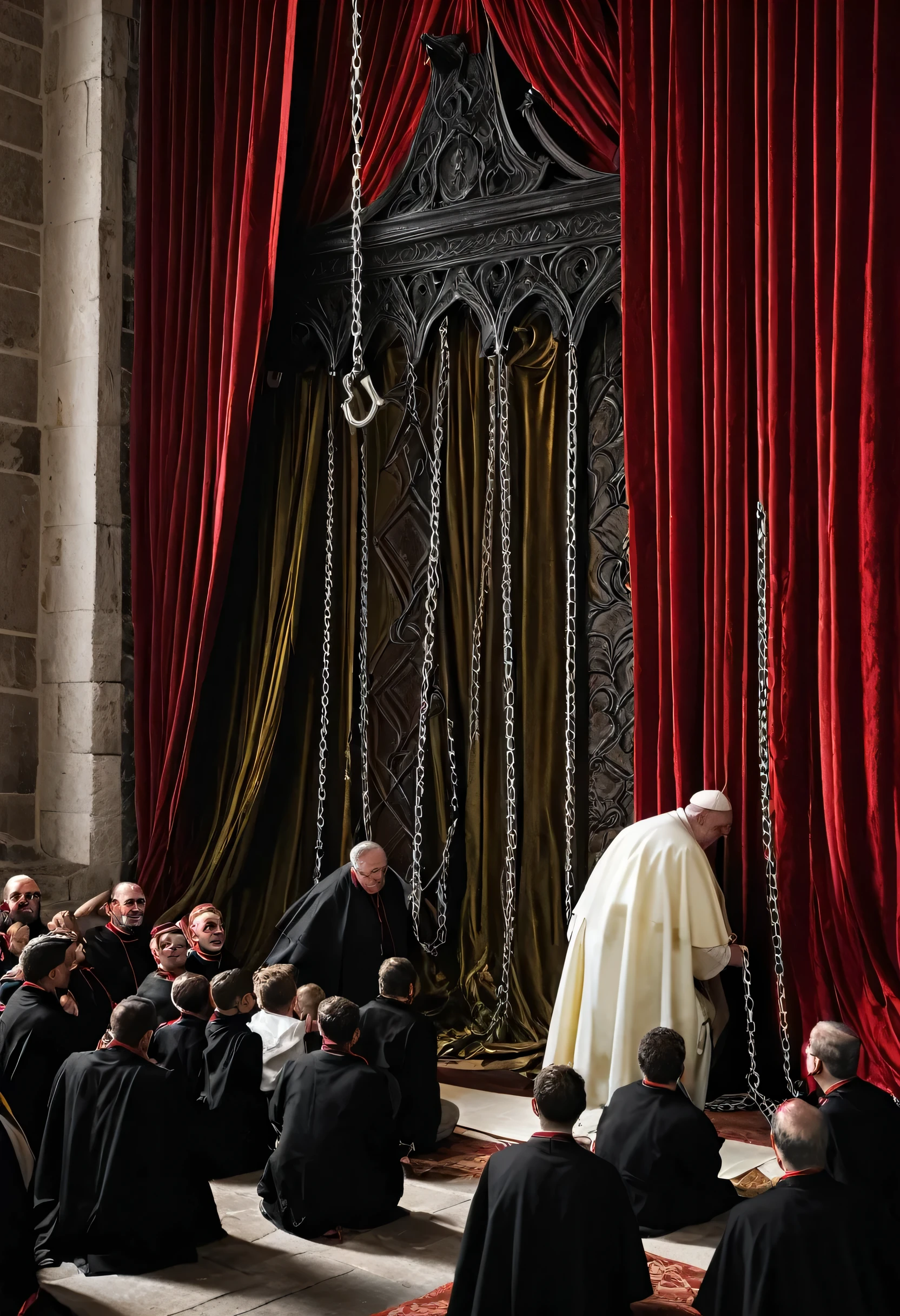macabre church with hooks, people sitting for mass and some people standing facing the walls, || a pope entering the church with a hook in his left hand and chains in his right hand dragging a ragged and chained man to the altar , || where behind the altar red curtains and a giant monster from the chest up with a huge mouth, sharp teeth and bulging yellow eyes waits to devour the man
